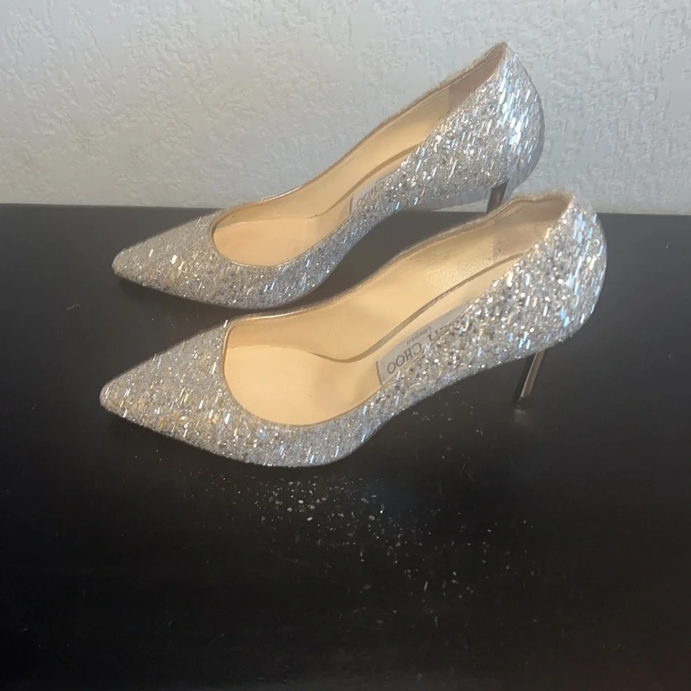 Jimmy Choi Authentic Silver Coarse Glitter Romy 85 Heels - Picture 6 of 9